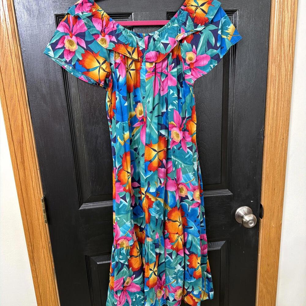 Hilo Hattie Hawaiian Dress Sz M Colorful Floral Ruffle Hem Pocket Tropical VTG - Picture 7 of 7
